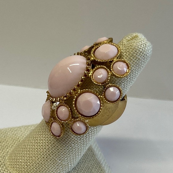 Pink Cabochons Starement Cluster Ring Stretchy Adjustable Gold Tone - Picture 3 of 7